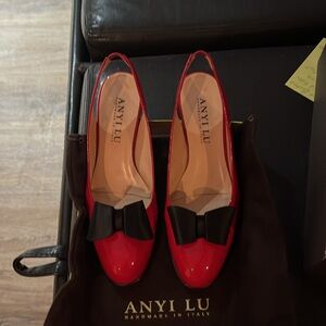 Red patent ANYI LU 1 inch sling back.